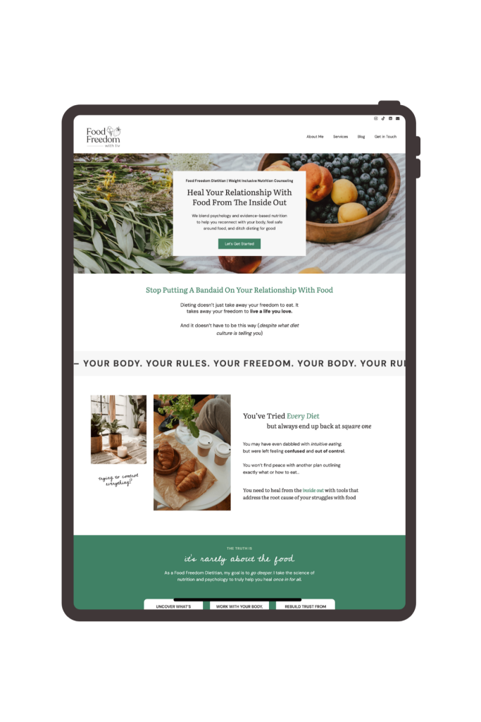 A picture of Food Freedom with Liv's website design in tablet form