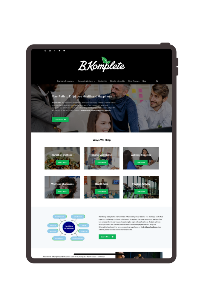 A picture of B.Komplete's website design in tablet form