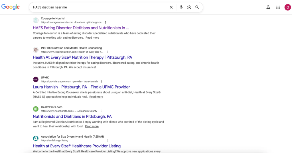 Weight-inclusive private practices ranking in Google when searching for HAES dietitians near me