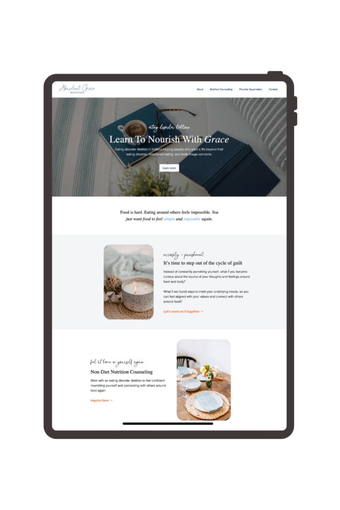 A tablet mock-up of Abundant Grace Nutrition's website design