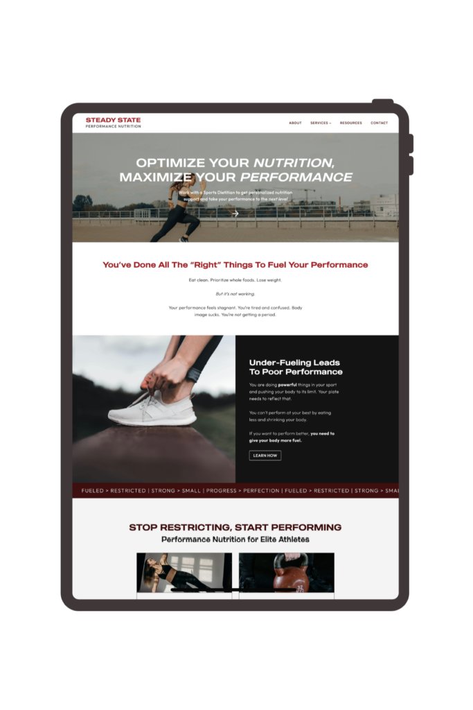 A tablet mock-up of Steady State Performance Nutrition's website design