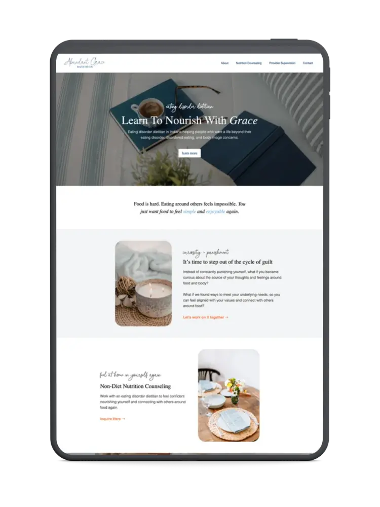 Tablet website mock-up for Abundant Grace Nutrition