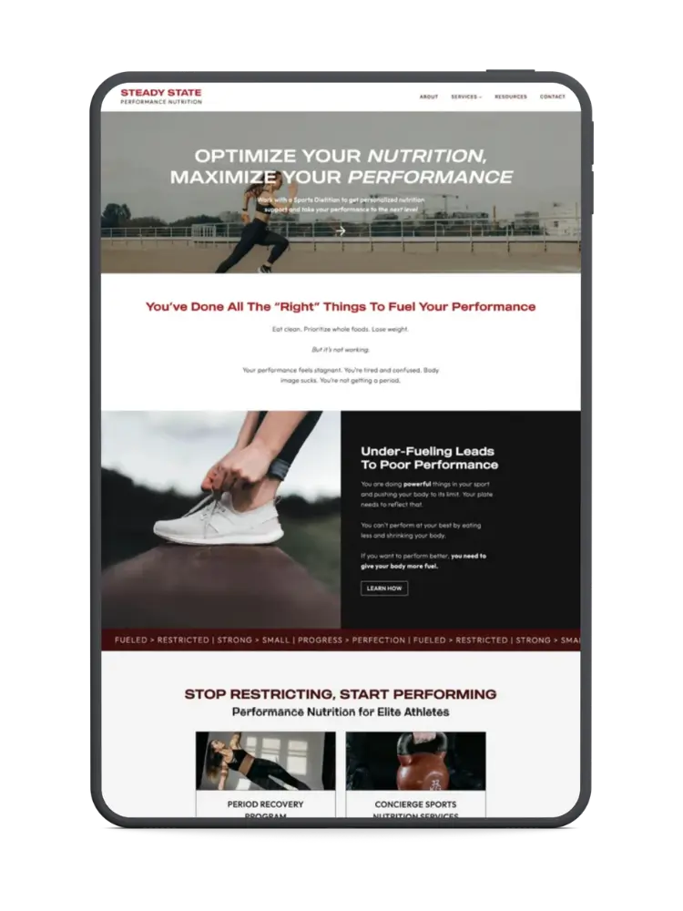 Tablet website mock-up for Steady State Performance Nutrition