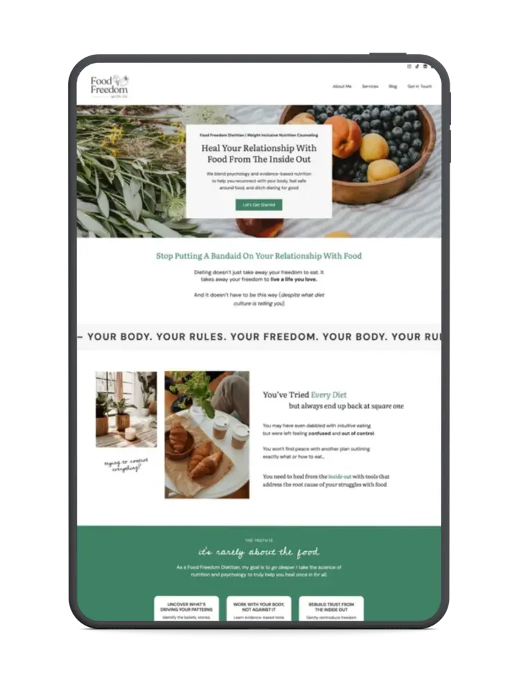 Tablet website mock-up for Food Freedom with Liv