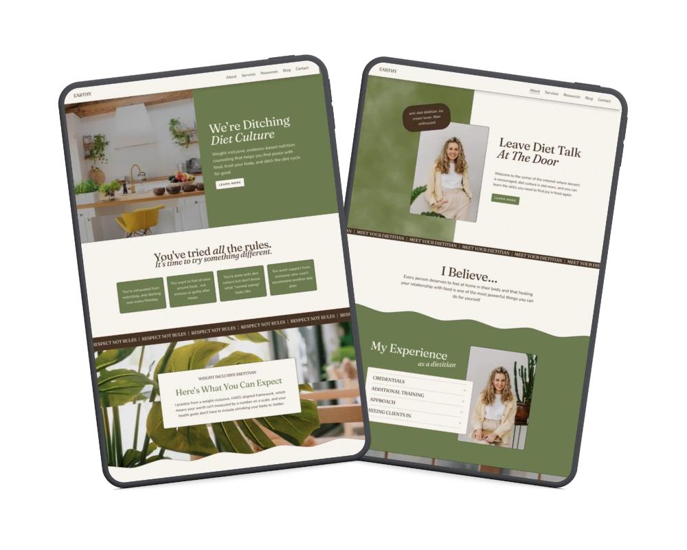 Tablet mock-ups of a Squarespace Website Template for dietitians with a green color scheme